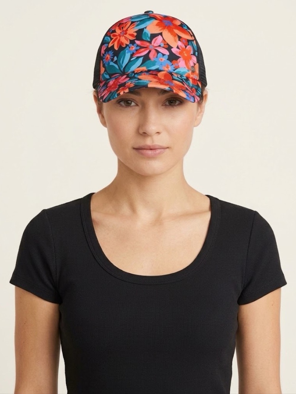ROXY - Women’s Floral Trucker Cap - Black with Coral & Teal Flowers